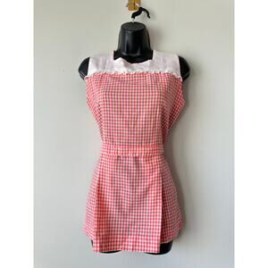 Vintage 1960s Pink Orange White Gingham Apron Smock Eyelet Trim Handmade Tunic S